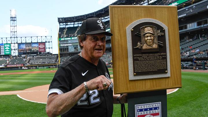 Jul 30, 2022; Chicago, Illinois, USA;  Chicago White Sox hall of fame player Minnie Minoso is honored by Chicago White Sox manager Tony La Russa (22) before a game between the White Sox and the Oakland Athletics at Guaranteed Rate Field. Mandatory Credit: Matt Marton-USA TODAY Sports