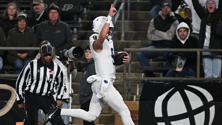 Penn State quarterback Beau Pribula (9) runs the ball for a touchdown during the second half against the Purdue Boilermakers at Ross-Ade Stadium. Penn State quarterback Beau Pribula (9) runs the ball for a touchdown during the second half against the Purdue Boilermakers at Ross-Ade Stadium.