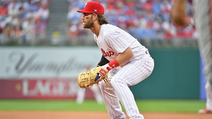 Jul 26, 2023; Philadelphia, Pennsylvania, USA; Philadelphia Phillies first baseman Bryce Harper (3) plays defense at first base against the Baltimore Orioles at Citizens Bank Park.