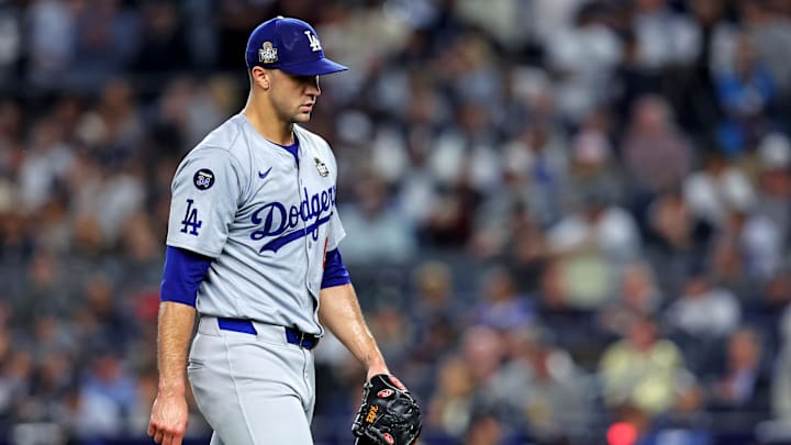 Oct 30, 2024; New York, New York, USA; Los Angeles Dodgers pitcher Jack Flaherty (0) reacts after the first inning against the New York Yankees in game four of the 2024 MLB World Series at Yankee Stadium. 