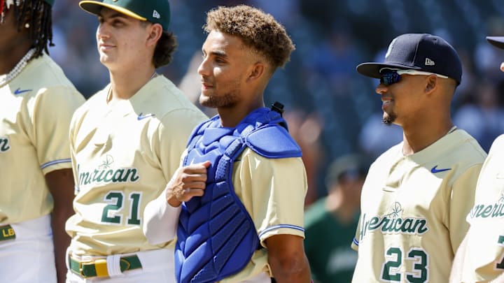 Seattle Mariners catcher Harry Ford (center) stands during player introductions before the All Star-Futures Game on July 8, 2023, at T-Mobile Park.