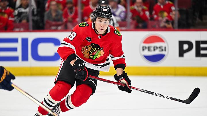 Sep 28, 2023; Chicago, Illinois, USA;  Chicago Blackhawks forward Martin Misiak (68) skates against the St. Louis Blues at United Center. Mandatory Credit: Jamie Sabau-USA TODAY Sports