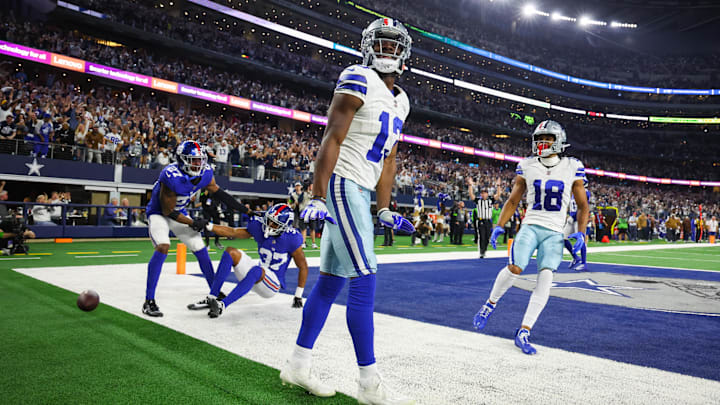 Dallas Cowboys wide receiver Michael Gallup reacts after making a touchdown catch against the New York Giants.