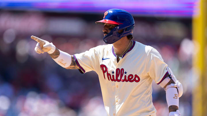 Jun 19, 2024; Philadelphia, Pennsylvania, USA; Philadelphia Phillies outfielder Nick Castellanos (8) reacts after hitting a single during the sixth inning against the San Diego Padres at Citizens Bank Park. Mandatory Credit: Bill Streicher-Imagn Images Jun 19, 2024; Philadelphia, Pennsylvania, USA; Philadelphia Phillies outfielder Nick Castellanos (8) reacts after hitting a single during the sixth inning against the San Diego Padres at Citizens Bank Park. Mandatory Credit: Bill Streicher-Imagn Images