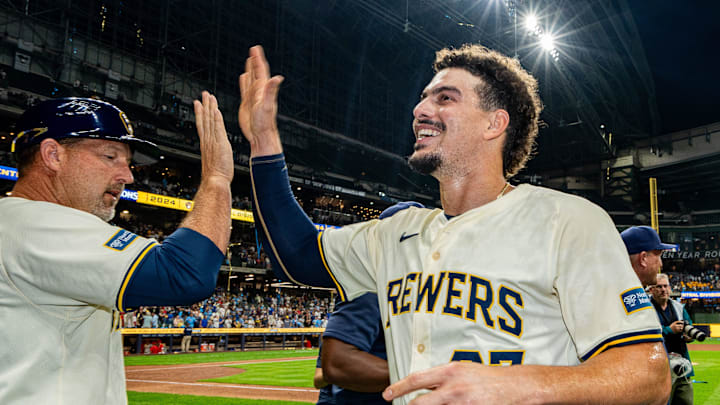 Milwaukee Brewers shortstop Willy Adames (27) celebrates the victory over the Philadelphia Phillies and winning the NL Central Division championship on Wednesday September 18, 2024 at American Family Field in Milwaukee, Wis.