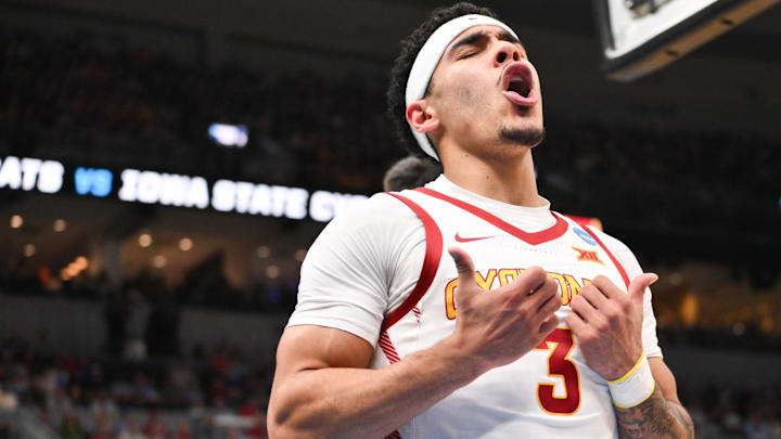 Mar 22, 2026; St. Louis, MO, USA; Iowa State Cyclones guard Tamin Lipsey (3) reacts after a play during the first half against the Kentucky Wildcats during a second round game of the men's 2026 NCAA Tournament at Enterprise Center. Mar 22, 2026; St. Louis, MO, USA; Iowa State Cyclones guard Tamin Lipsey (3) reacts after a play during the first half against the Kentucky Wildcats during a second round game of the men's 2026 NCAA Tournament at Enterprise Center.