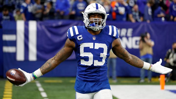 Indianapolis Colts outside linebacker Shaquille Leonard (53) celebrates after making an interception
