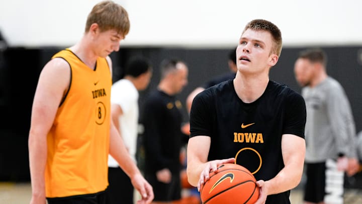 Iowa’s Bennett Stirtz (14) looks to shoot a free throw during practice June 19, 2025 at Carver-Hawkeye Arena in Iowa City, Iowa.