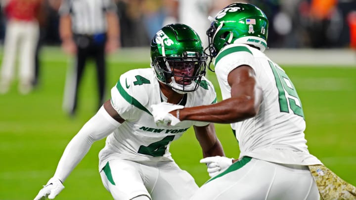 Nov 12, 2023; Paradise, Nevada, USA; New York Jets cornerback D.J. Reed (4) warms up before the start of a game against the Las Vegas Raiders at Allegiant Stadium. 