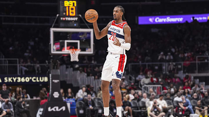 Oct 28, 2024; Atlanta, Georgia, USA; Washington Wizards forward Alexandre Sarr (20) passes the ball against the Atlanta Hawks during the first half at State Farm Arena. Mandatory Credit: Dale Zanine-Imagn Images