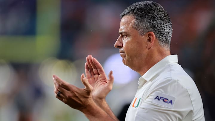 Aug 31, 2025; Miami Gardens, Florida, USA;Miami Hurricanes head coach Mario Cristobal before the game at Hard Rock Stadium. Mandatory Credit: Sam Navarro-Imagn Images