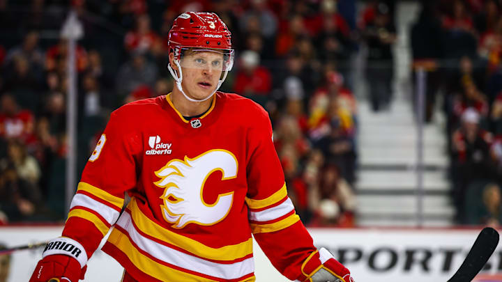 Apr 16, 2026; Calgary, Alberta, CAN; Calgary Flames defenseman Olli Maatta (3) against the Los Angeles Kings during the third period at Scotiabank Saddledome. Mandatory Credit: Sergei Belski-Imagn Images
