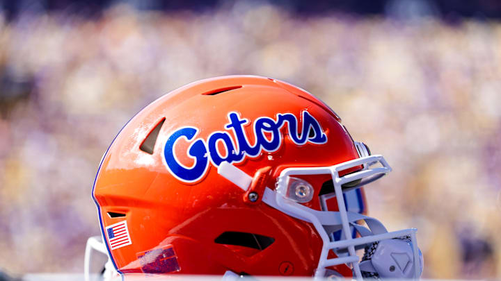Oct 16, 2021; Baton Rouge, Louisiana, USA; Florida Gators helmet on a water jug during the game against LSU Tigers during the first half  at Tiger Stadium. Mandatory Credit: Stephen Lew-Imagn Images