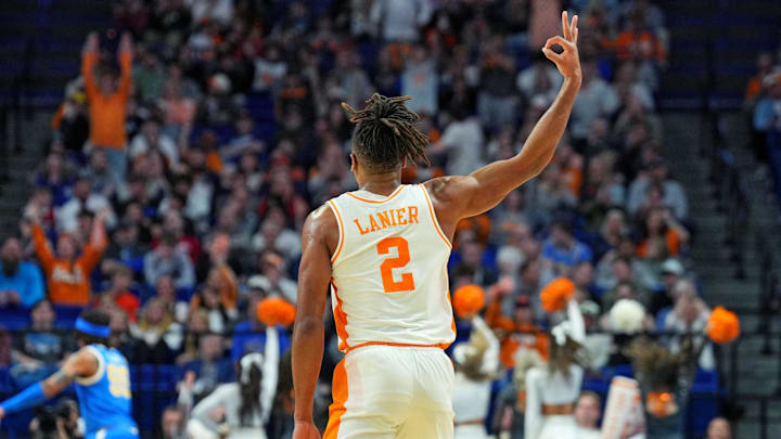 Mar 22, 2025; Lexington, KY, USA; Tennessee Volunteers guard Chaz Lanier (2) celebrates after a three pointer during the second half against the UCLA Bruins in the second round of the NCAA Tournament at Rupp Arena. Mandatory Credit: Aaron Doster-Imagn Images Mar 22, 2025; Lexington, KY, USA; Tennessee Volunteers guard Chaz Lanier (2) celebrates after a three pointer during the second half against the UCLA Bruins in the second round of the NCAA Tournament at Rupp Arena. Mandatory Credit: Aaron Doster-Imagn Images