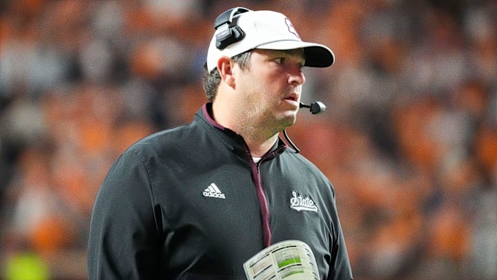 Mississippi State head coach Jeff Lebby during a college football game between Tennessee and Mississippi State at Neyland Stadium in Knoxville, Tenn., on Saturday, Nov. 9, 2024.