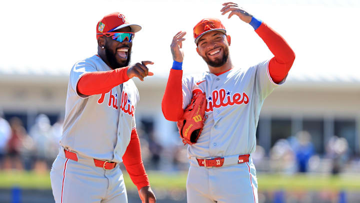 Adolis Garcia and Edmundo Sosa were two of the few vets who made the four-hour trip from Clearwater to West Palm Beach.