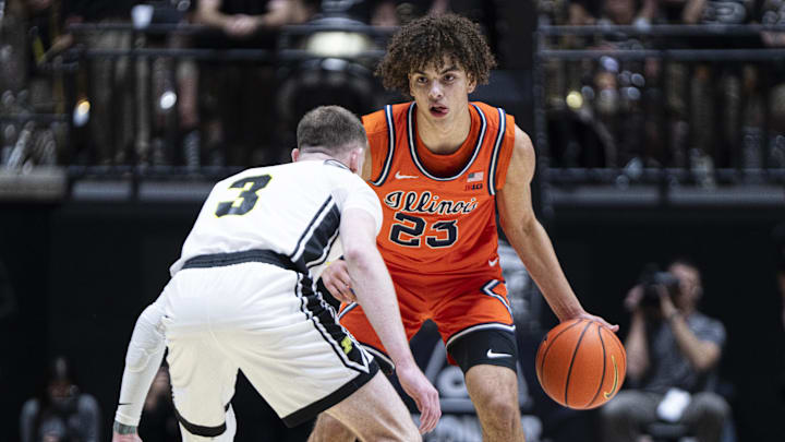 Jan 24, 2026; West Lafayette, Indiana, USA; Illinois Fighting Illini guard Keaton Wagler (23) looks to dribble around Purdue Boilermakers guard Braden Smith (3) during the first half at Mackey Arena. Mandatory Credit: Jacob Musselman-Imagn Images