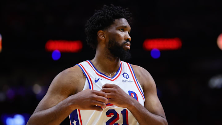 Nov 18, 2024; Miami, Florida, USA; Philadelphia 76ers center Joel Embiid (21) looks on against the Miami Heat during the third quarter at Kaseya Center. Mandatory Credit: Sam Navarro-Imagn Images
