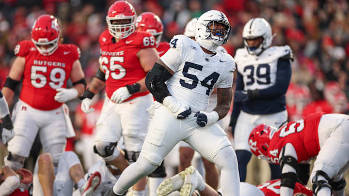Penn State Nittany Lions defensive tackle Xavier Gilliam (54) reacts after sacking Rutgers Scarlet Knights quarterback Athan Kaliakmanis (16) during the first half at SHI Stadium. 