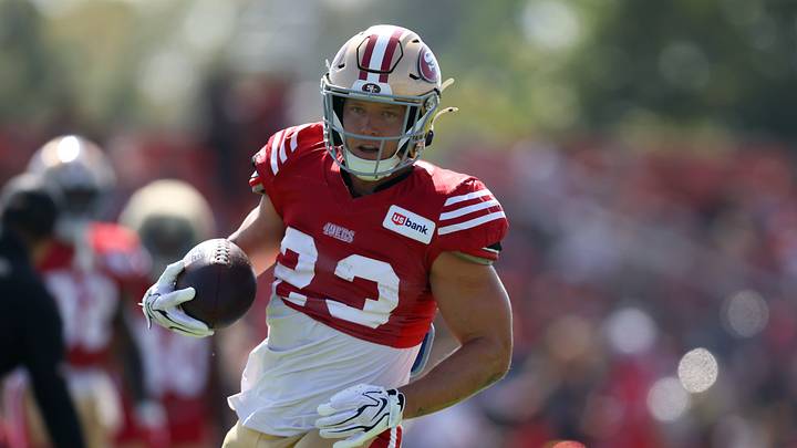 San Francisco 49ers running back Christian McCaffrey (23) during training camp at SAP Performance Facility. San Francisco 49ers running back Christian McCaffrey (23) during training camp at SAP Performance Facility.