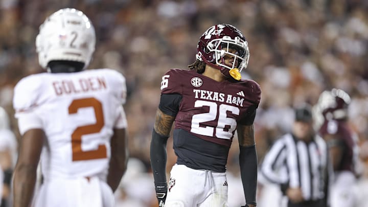 Nov 30, 2024; College Station, Texas, USA; Texas A&M Aggies defensive back Will Lee III (26) reacts after a play during the first quarter against the Texas Longhorns at Kyle Field. Mandatory Credit: Troy Taormina-Imagn Images