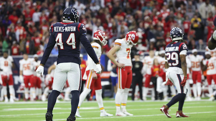 Dec 18, 2022; Houston, Texas, USA;  Houston Texans linebacker Jalen Reeves-Maybin (44) reacts after