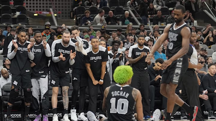 Dec 5, 2024; San Antonio, Texas, USA; San Antonio Spurs bench players react after forward Jeremy Sochan (10) was fouled while scoring in the second half against the Chicago Bulls at Frost Bank Center. Mandatory Credit: Scott Wachter-Imagn Images Dec 5, 2024; San Antonio, Texas, USA; San Antonio Spurs bench players react after forward Jeremy Sochan (10) was fouled while scoring in the second half against the Chicago Bulls at Frost Bank Center. Mandatory Credit: Scott Wachter-Imagn Images