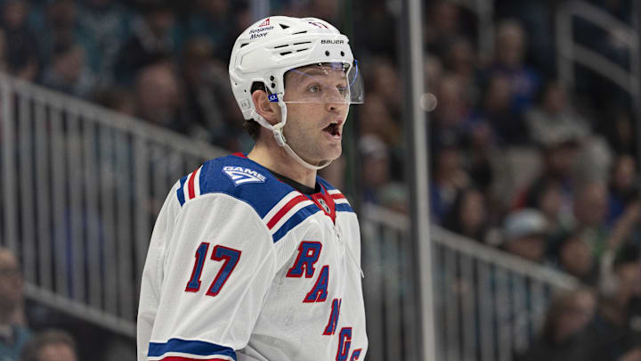Jan 23, 2026; San Jose, California, USA;  New York Rangers defenseman Will Borgen (17) reacts to a referee call during the second period against the San Jose Sharks at SAP Center at San Jose. Mandatory Credit: Stan Szeto-Imagn Images