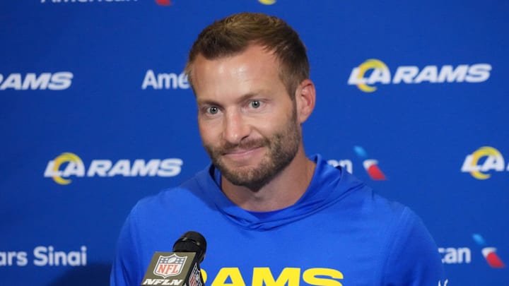 Oct 19, 2025; London, United Kingdom; Los Angeles Rams head coach Sean McVay at a press conference after a NFL International Series game against the Jacksonville Jaguars at Wembley Stadium. Mandatory Credit: Kirby Lee-Imagn Images