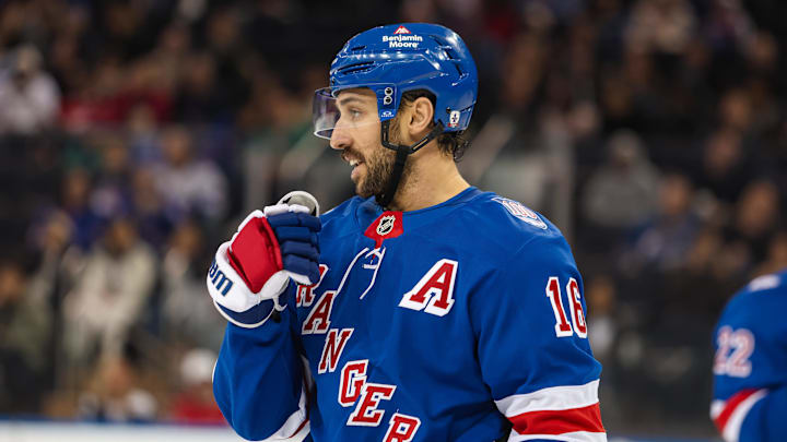 Apr 5, 2026; New York, New York, USA; New York Rangers center Vincent Trocheck (16) skates against the Washington Capitals during the second period at Madison Square Garden. Mandatory Credit: Danny Wild-Imagn Images