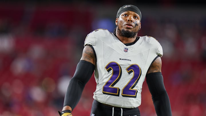 Oct 21, 2024; Tampa, Florida, USA; Baltimore Ravens running back Derrick Henry (22) warms up before a game against the Tampa Bay Buccaneers at Raymond James Stadium. Mandatory Credit: Nathan Ray Seebeck-Imagn Images