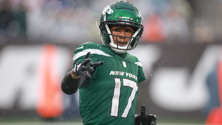 Dec 10, 2023; East Rutherford, New Jersey, USA; New York Jets wide receiver Garrett Wilson (17) before a snap during the second half against the Houston Texans at MetLife Stadium.