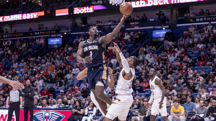  New Orleans Pelicans forward Zion Williamson (1) goes to the basket during the second half against the Cleveland Cavaliers at Smoothie King Center. Mandatory Credit: Stephen Lew-Imagn Images