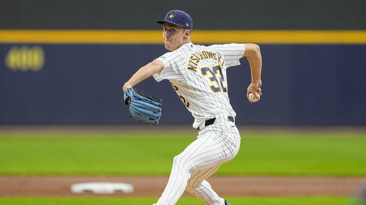 Apr 25, 2026; Milwaukee, Wisconsin, USA;  Milwaukee Brewers pitcher Jacob Misiorowski (32) throws a pitch during the second inning against the Pittsburgh Pirates at American Family Field. Mandatory Credit: Jeff Hanisch-Imagn Images