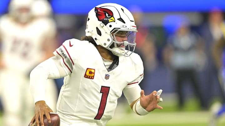 Dec 28, 2024; Inglewood, California, USA;  Arizona Cardinals quarterback Kyler Murray (1) sets to pass in the first half against the Los Angeles Rams at SoFi Stadium. Mandatory Credit: Jayne Kamin-Oncea-Imagn Images