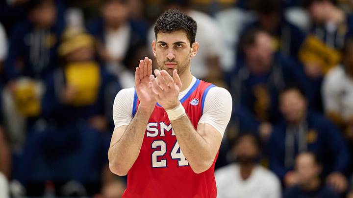Feb 25, 2026; Berkeley, California, USA; SMU Mustangs center Samet Yigitoglu (24) reacts against the California Golden Bears during the first half at Haas Pavilion. Mandatory Credit: Robert Edwards-Imagn Images