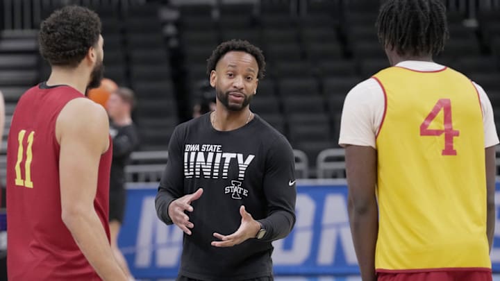 Iowa State assistant coach JR Blount, center, is shown during practice before their first round NCAA men’ s basketball tournament game Thursday, March 20, 2025 at Fiserv Forum in Milwaukee, Wisconsin. He went to school at Dominican High School in Whitefish Bay, Wisconsin.