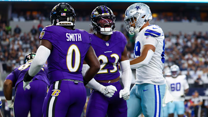 Sep 22, 2024; Arlington, Texas, USA; Baltimore Ravens linebacker Trenton Simpson (23) reacts during the first quarter against the Dallas Cowboys at AT&T Stadium. Mandatory Credit: Kevin Jairaj-Imagn Images Sep 22, 2024; Arlington, Texas, USA; Baltimore Ravens linebacker Trenton Simpson (23) reacts during the first quarter against the Dallas Cowboys at AT&T Stadium. Mandatory Credit: Kevin Jairaj-Imagn Images