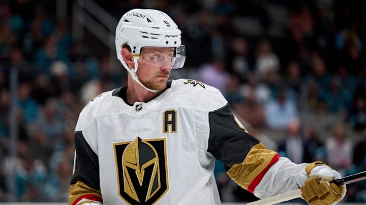 Oct 9, 2025; San Jose, California, USA; Vegas Golden Knights center Jack Eichel (9) directs his teammates before a faceoff against the San Jose Sharks during the first period at SAP Center at San Jose. Mandatory Credit: Robert Edwards-Imagn Images