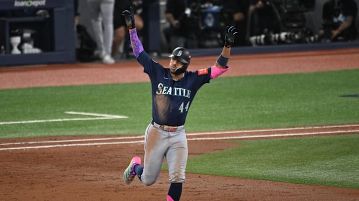 Julio Rodriguez (44) runs after hitting a home run against the Toronto Blue Jays.