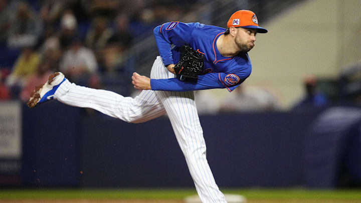 Mar 3, 2025; Port St. Lucie, Florida, USA;  New York Mets pitcher David Peterson (23) pitches in the fourth inning against the Miami Marlins at Clover Park. Mandatory Credit: Jim Rassol-Imagn Images