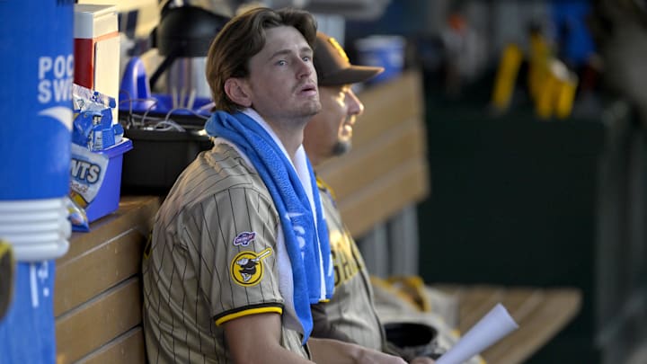 Jun 4, 2024; Anaheim, California, USA; San Diego Padres starting pitcher Adam Mazur (36) looks on from the dugout in the third inning against the Los Angeles Angels at Angel Stadium. Mandatory Credit: Jayne Kamin-Oncea-USA TODAY Sports Jun 4, 2024; Anaheim, California, USA; San Diego Padres starting pitcher Adam Mazur (36) looks on from the dugout in the third inning against the Los Angeles Angels at Angel Stadium. Mandatory Credit: Jayne Kamin-Oncea-USA TODAY Sports