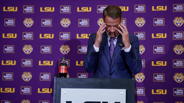 Dec 1, 2025; Baton Rouge, LA, USA; LSU new head coach Lane Kiffin speaks at South Stadium Club at Tiger Stadium. Mandatory Credit: Matthew Hinton-Imagn Images