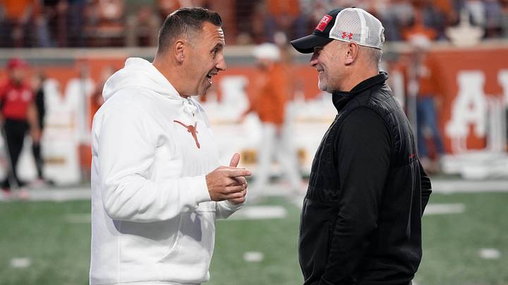 Nov 24, 2023; Austin, Texas, USA; Texas Longhorns head coach Steve Sarkisian and Texas Tech Red Raiders head coach Joey McGuire Nov 24, 2023; Austin, Texas, USA; Texas Longhorns head coach Steve Sarkisian and Texas Tech Red Raiders head coach Joey McGuire