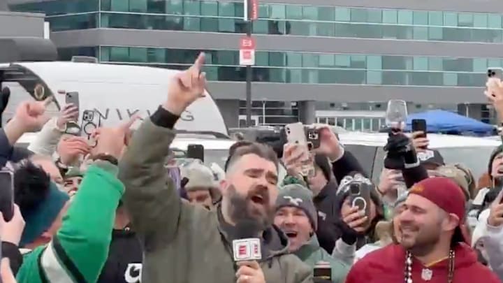 Kelce at a tailgate with Eagles fans before the NFC Championship Game vs. the Commanders. 