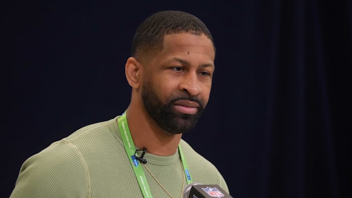 Feb 25, 2025; Indianapolis, IN, USA; Cleveland Browns general manager Andrew Berry speaks during the NFL Scouting Combine at the Indiana Convention Center. Mandatory Credit: Kirby Lee-Imagn Images