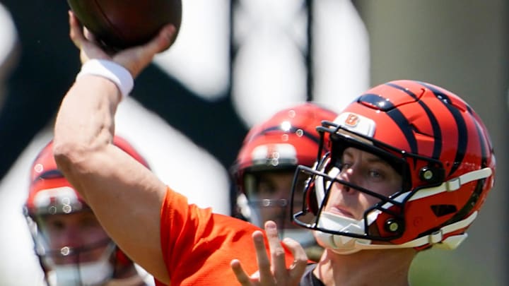 Cincinnati Bengals quarterback Joe Burrow throws a pass during a scrimmage, Wednesday, June 11, 2025, at Kettering Health Practice Fields in Downtown Cincinnati. Cincinnati Bengals quarterback Joe Burrow throws a pass during a scrimmage, Wednesday, June 11, 2025, at Kettering Health Practice Fields in Downtown Cincinnati.