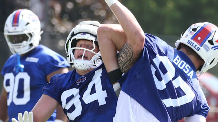 Bills defensive edge Landon Jackson cuts inside on edge Joey Bosa during line drills during the second day of Buffalo Bills training camp at St. John Fisher University. Bills defensive edge Landon Jackson cuts inside on edge Joey Bosa during line drills during the second day of Buffalo Bills training camp at St. John Fisher University.
