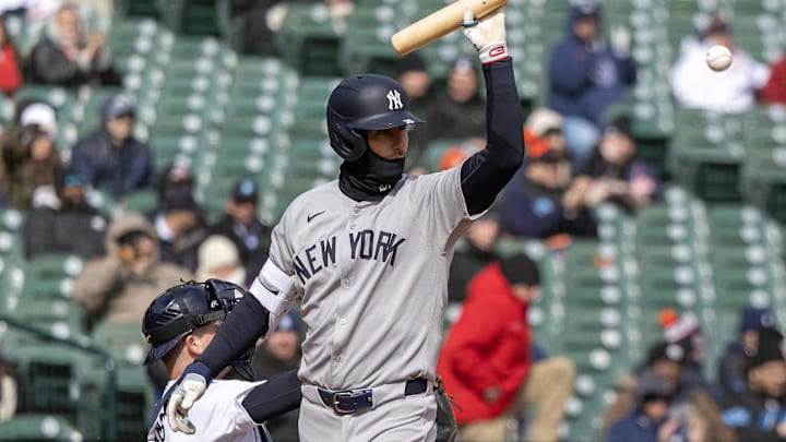 Apr 7, 2025; Detroit, Michigan, USA; New York Yankees outfielder Cody Bellinger (35) strikes out swinging in the fifth inning against the Detroit Tigers at Comerica Park.