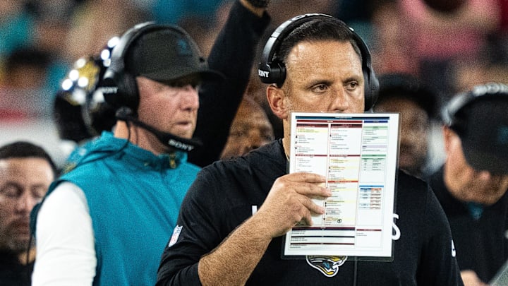 Jacksonville Jaguars defensive coordinator Anthony Campanile calls a play during a Monday Night NFL football game at EverBank Stadium, Monday, Oct. 6, 2025, in Jacksonville, Fla. [Doug EngleFlorida Times-Union]